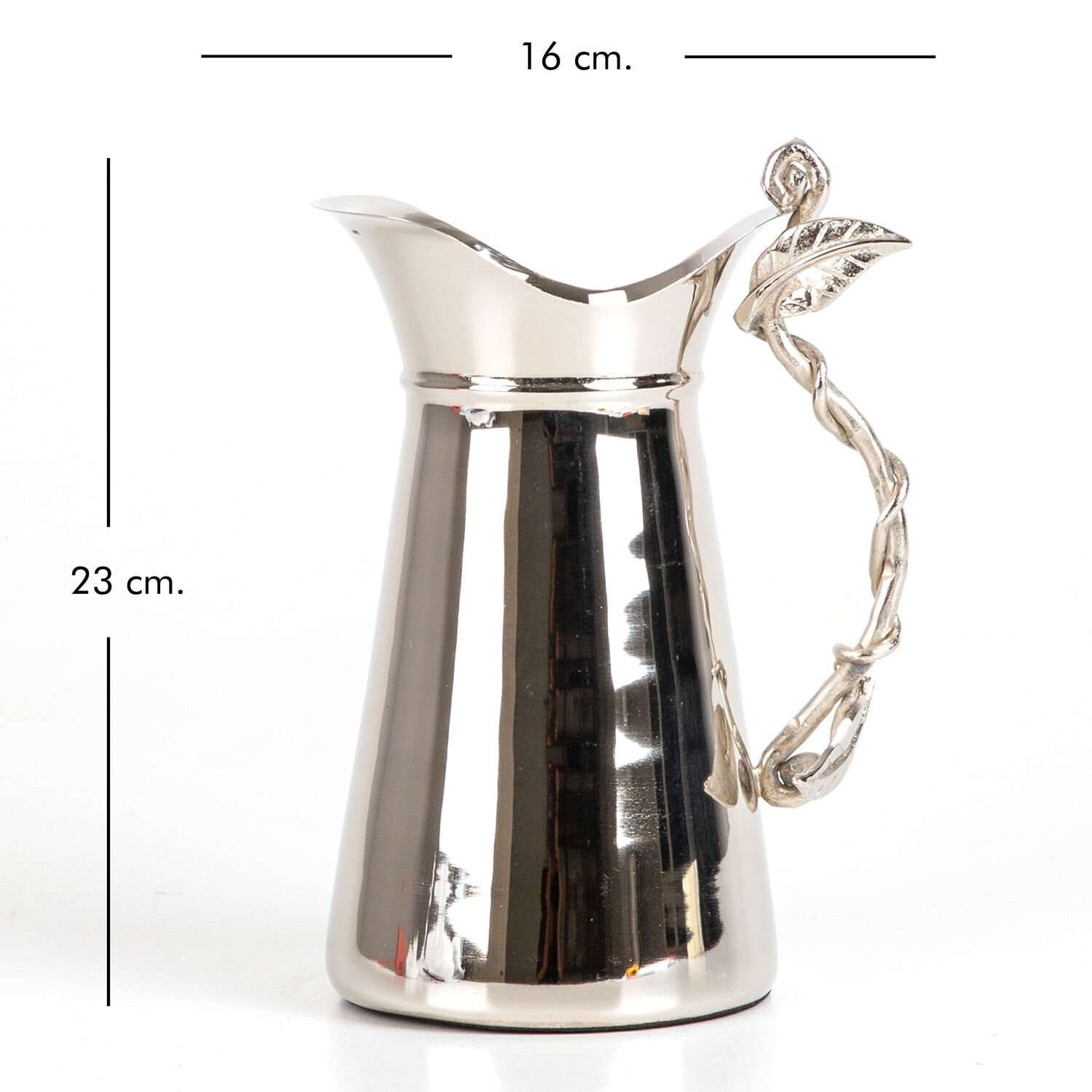 Metal Sürahi, Gümüş Kaplama, Kulplu, Yaprak Desenli, Gümüş Renk - 16x23x12 cm