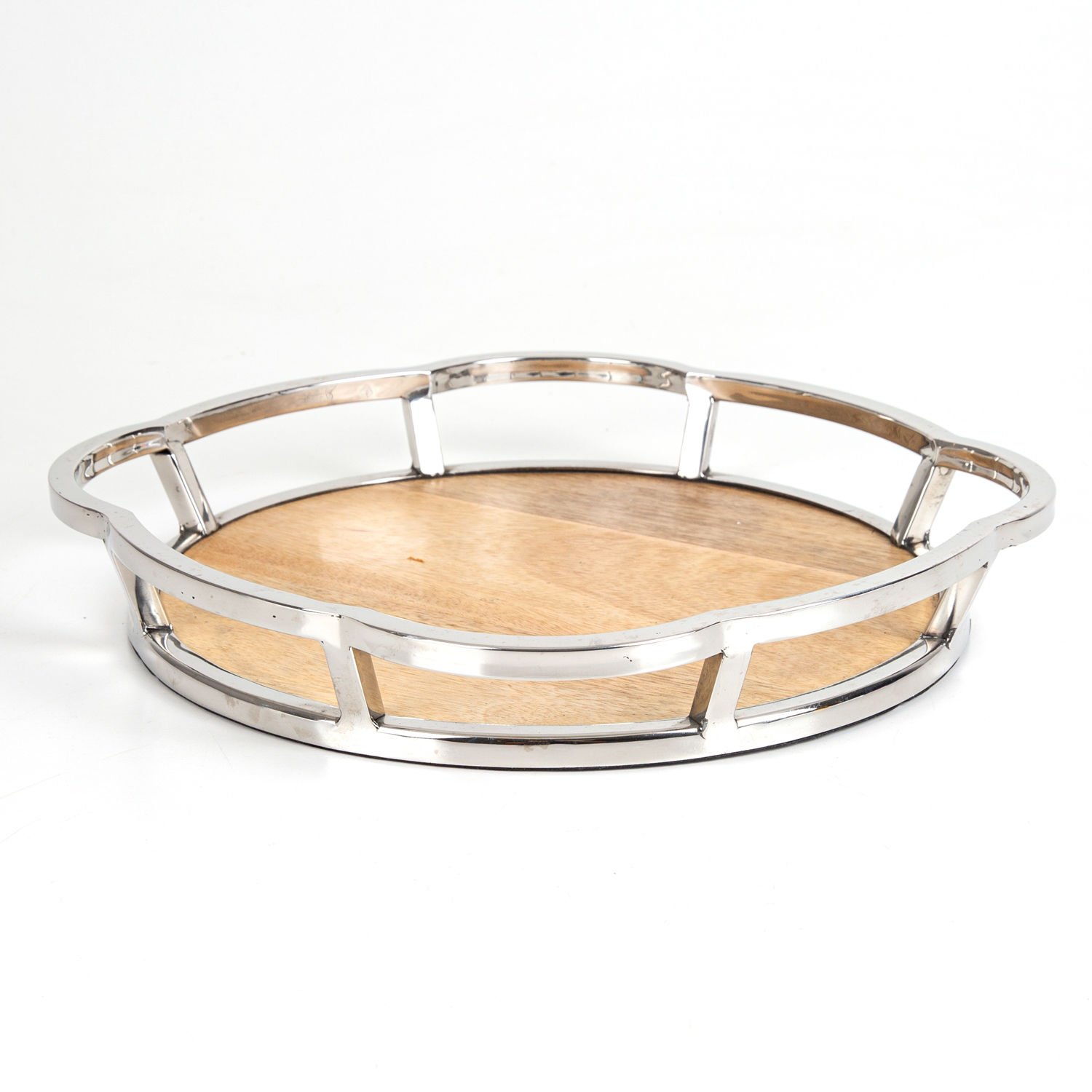 Metal Çerçeveli Doğal Ahşap Tabanlı Yuvarlak Tepsi Gümüş-Bej 33 x 5 x 33 Cm.