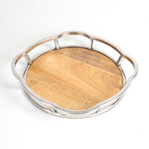 Metal Çerçeveli Doğal Ahşap Tabanlı Yuvarlak Tepsi Gümüş-Bej 33 x 5 x 33 Cm.