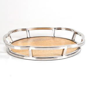 Metal Çerçeveli Doğal Ahşap Tabanlı Yuvarlak Tepsi Gümüş-Bej 33 x 5 x 33 Cm.