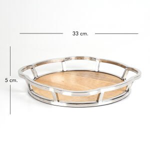 Metal Çerçeveli Doğal Ahşap Tabanlı Yuvarlak Tepsi Gümüş-Bej 33 x 5 x 33 Cm.