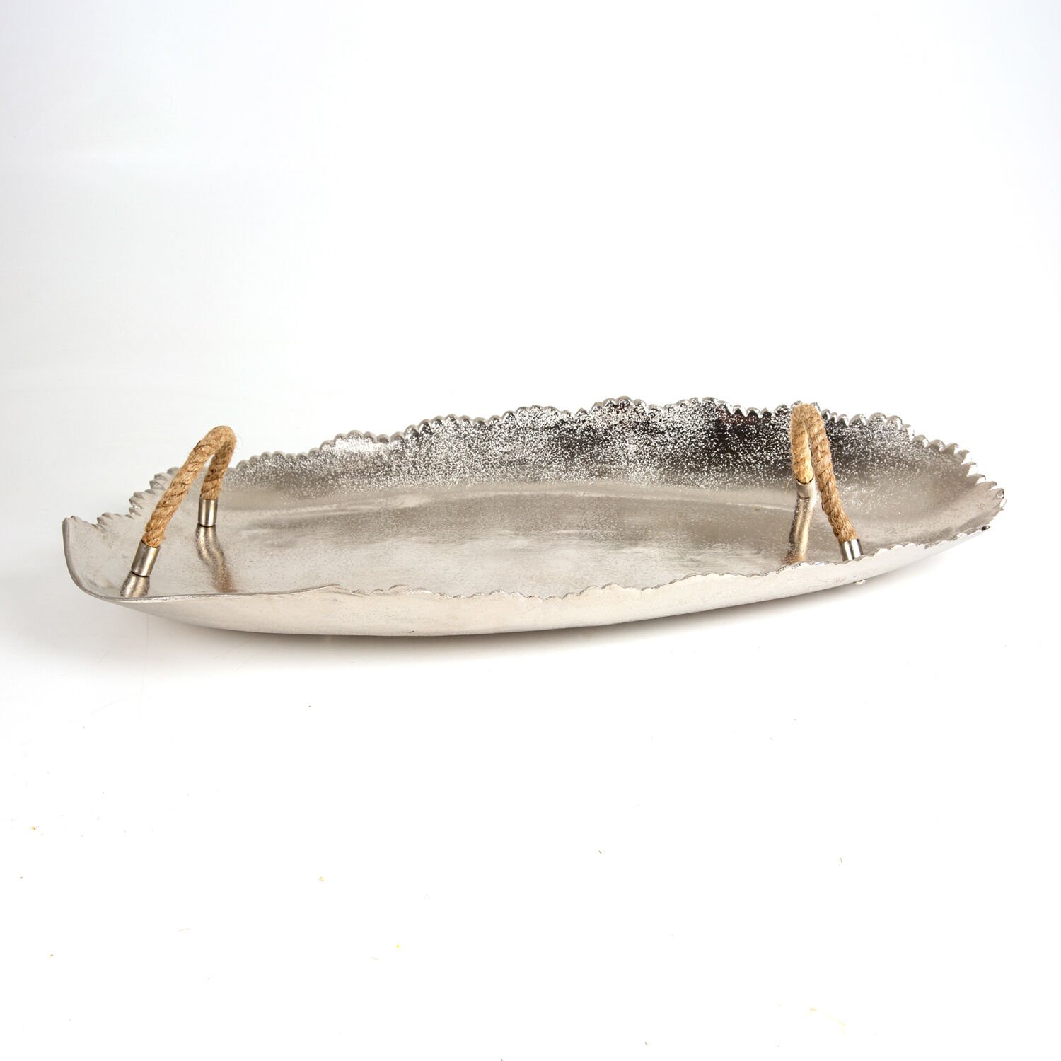 Metal Döküm Tepsi, Hasır İpli, Gümüş Renk - 70x6x35 cm