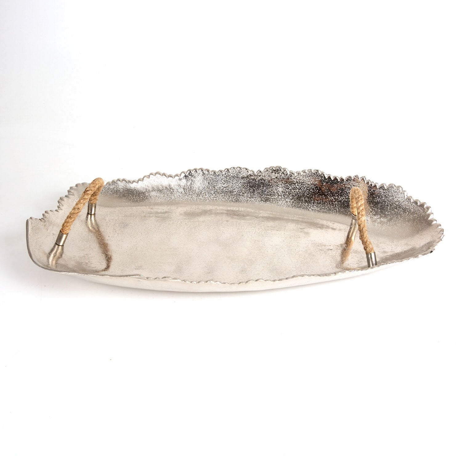 Metal Döküm Tepsi, Hasır İpli, Gümüş Renk - 70x6x35 cm