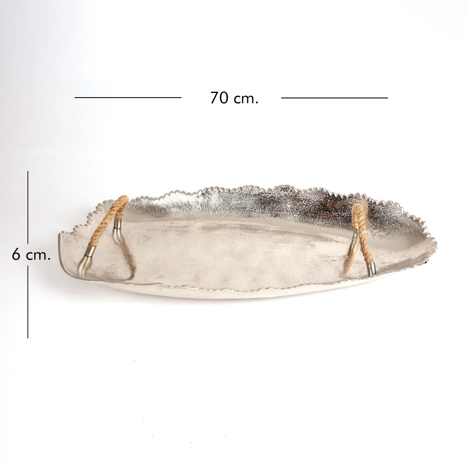 Metal Döküm Tepsi, Hasır İpli, Gümüş Renk - 70x6x35 cm