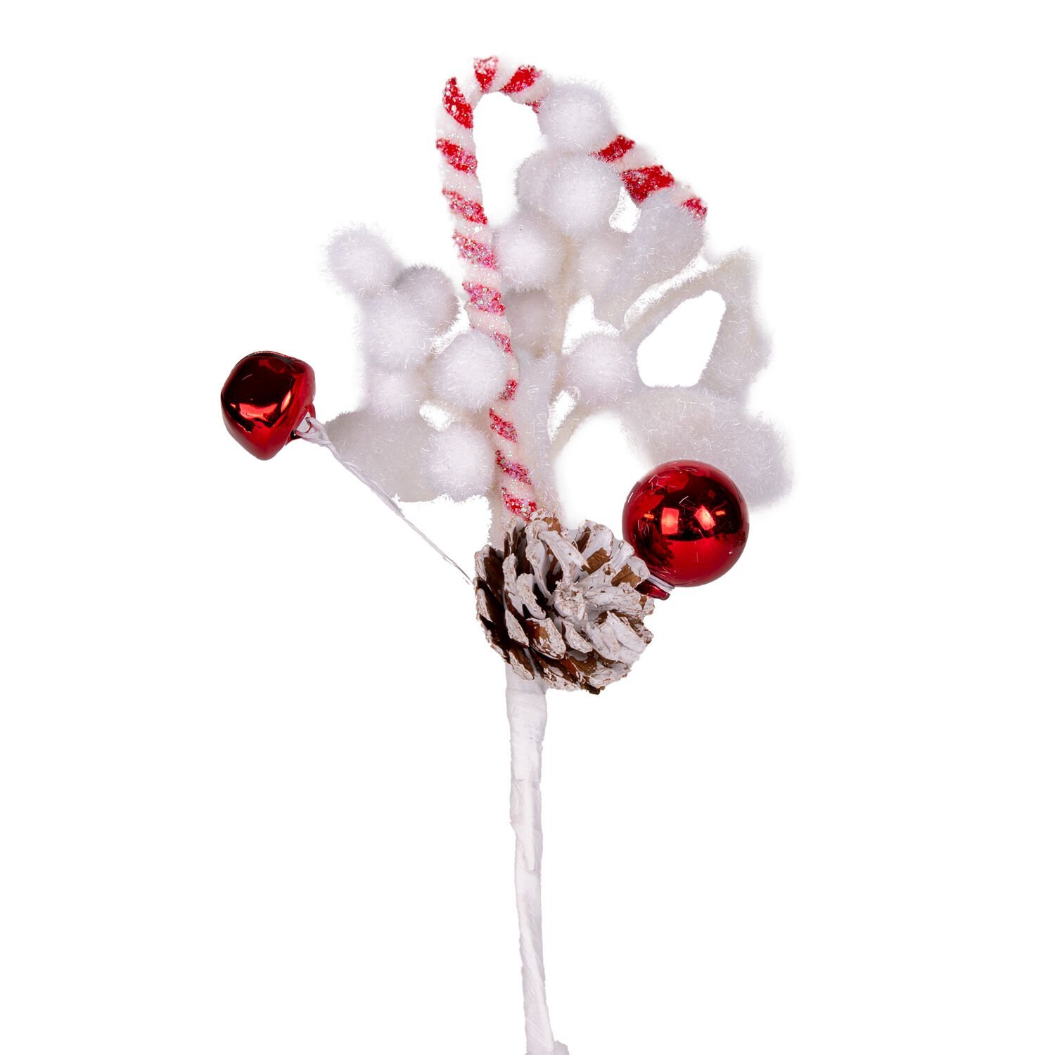 Yılbaşı Çiçeği Pike Berry Çanlı Baston Şeker Toplu Kozalaklı Beyaz 25 Cm.