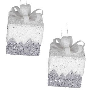Yılbaşı Süsü Hediye Paketi Simli Kurdelalı 2'li Paket Gümüş-Beyaz 10 Cm.