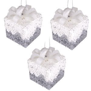 Yılbaşı Süsü, Hediye Paketi, Simli, Kurdelalı, Gümüş-Beyaz - 3'lü Paket, 6 cm