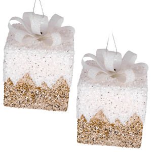 Yılbaşı Süsü Hediye Paketi Simli Kurdelalı 2'li Paket Gold-Beyaz 10 Cm.
