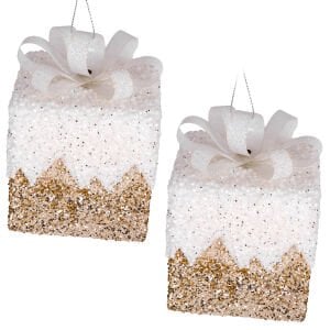 Yılbaşı Süsü, Hediye Paketi, Simli, Kurdelalı, Gold-Beyaz - 2'li Paket, 10 cm