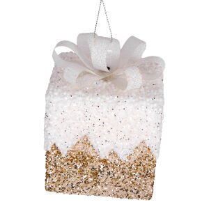 Yılbaşı Süsü Hediye Paketi Simli Kurdelalı 2'li Paket Gold-Beyaz 10 Cm.