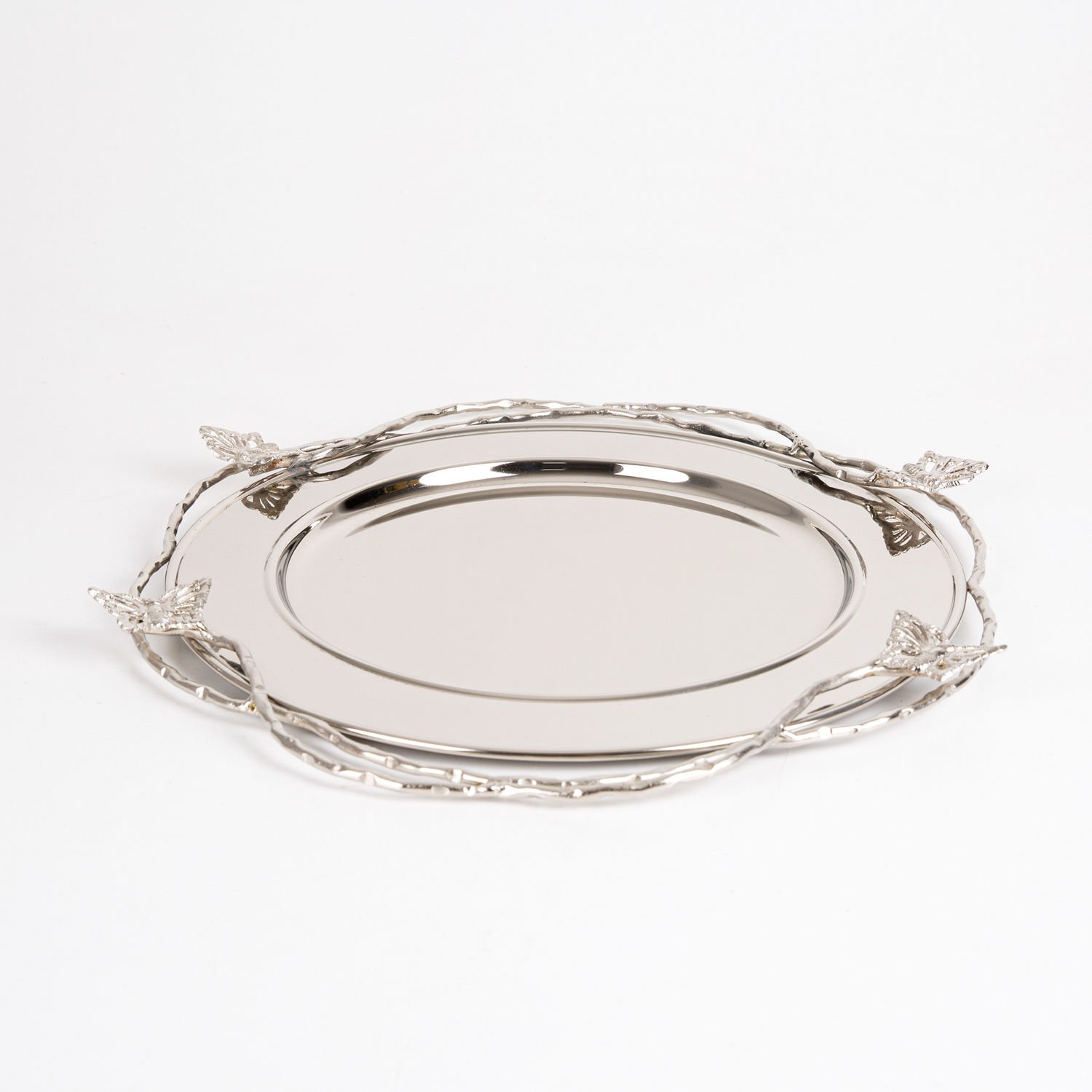 Metal Sunum Tepsisi, Gümüş Kaplama, Kelebek Figürlü, Gümüş Renk - 40x3x40 cm