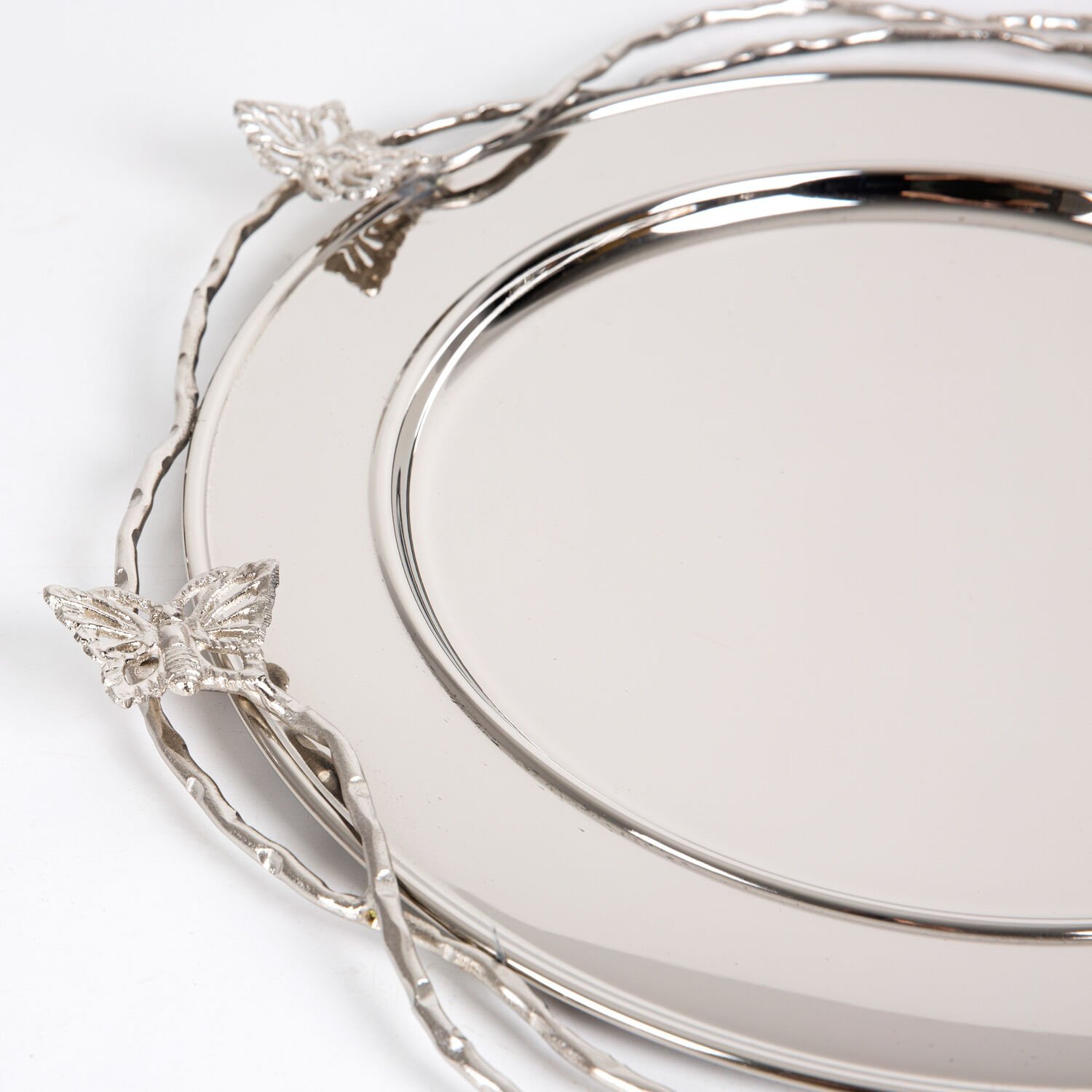 Metal Sunum Tepsisi, Gümüş Kaplama, Kelebek Figürlü, Gümüş Renk - 40x3x40 cm