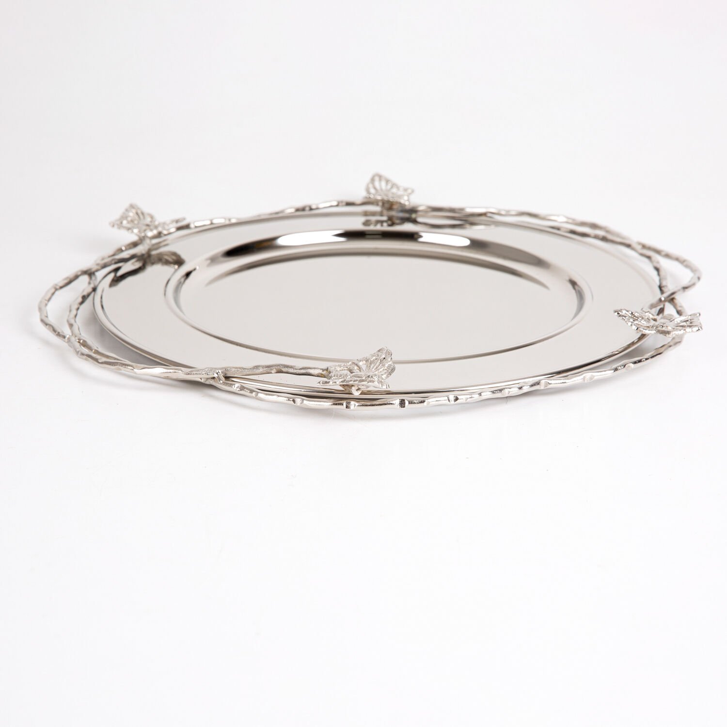 Metal Sunum Tepsisi, Gümüş Kaplama, Kelebek Figürlü, Gümüş Renk - 40x3x40 cm