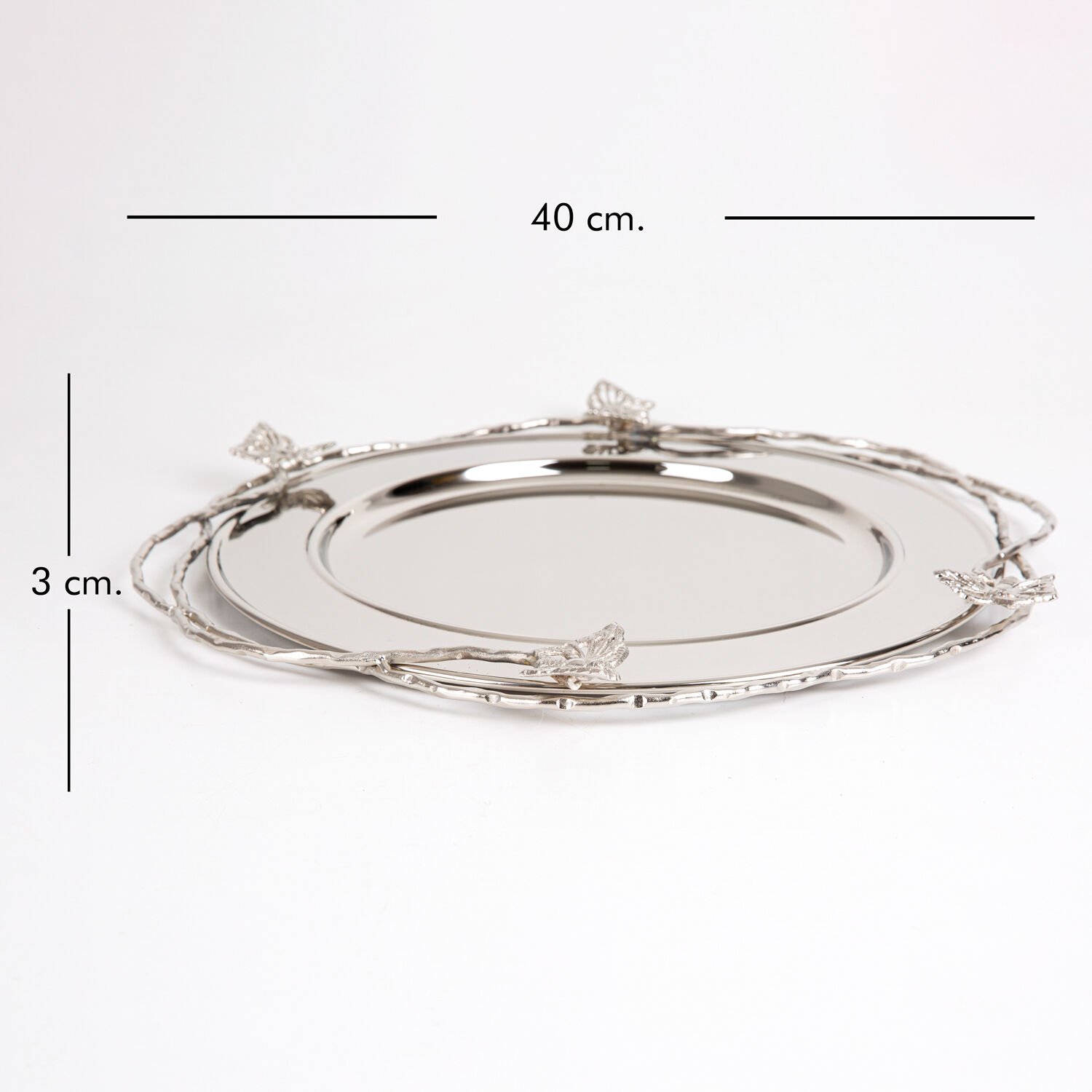 Metal Sunum Tepsisi, Gümüş Kaplama, Kelebek Figürlü, Gümüş Renk - 40x3x40 cm