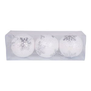 Yılbaşı Topu Beyaz Simli Kar Tanesi Figürlü 3'lü Paket Gümüş 7 Cm.