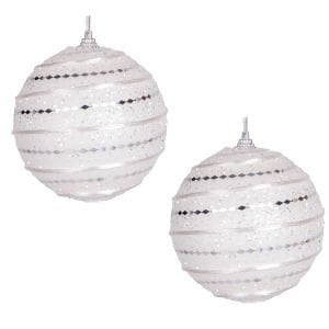 Yılbaşı Topu, Gümüş Desenli, Beyaz - 2'li Paket, 9 cm