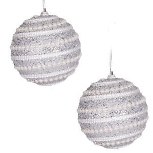 Yılbaşı Topu, Simli, Şerit İnci Boncuk Figürlü, Gümüş - 2'li Paket, 9 cm