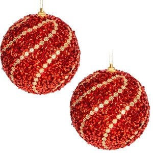 Yılbaşı Topu, Gold Şeritli, Kırmızı Boncuk Pullu Detaylı, Kırmızı - 2'li Paket, 9 cm