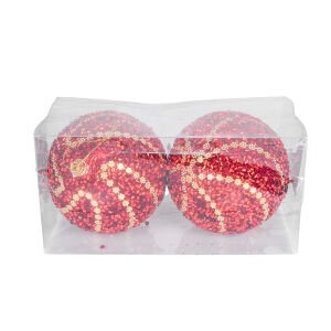 Yılbaşı Topu Gold Şeritli Kırmızı Boncuk Pullu Detaylı 2'li Paket Kırmızı 9 Cm.