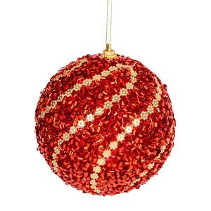 Yılbaşı Topu Gold Şeritli Kırmızı Boncuk Pullu Detaylı 2'li Paket Kırmızı 9 Cm.
