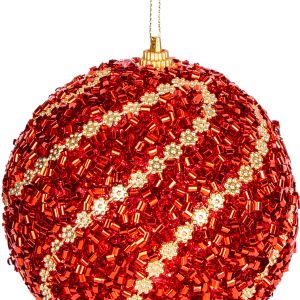 Yılbaşı Topu Gold Şeritli Kırmızı Boncuk Pullu Detaylı 2'li Paket Kırmızı 9 Cm.
