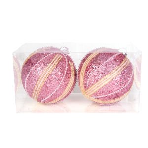 Yılbaşı Topu Şerit İnci Boncuk Figürlü 2'li Paket Pembe 9 Cm.
