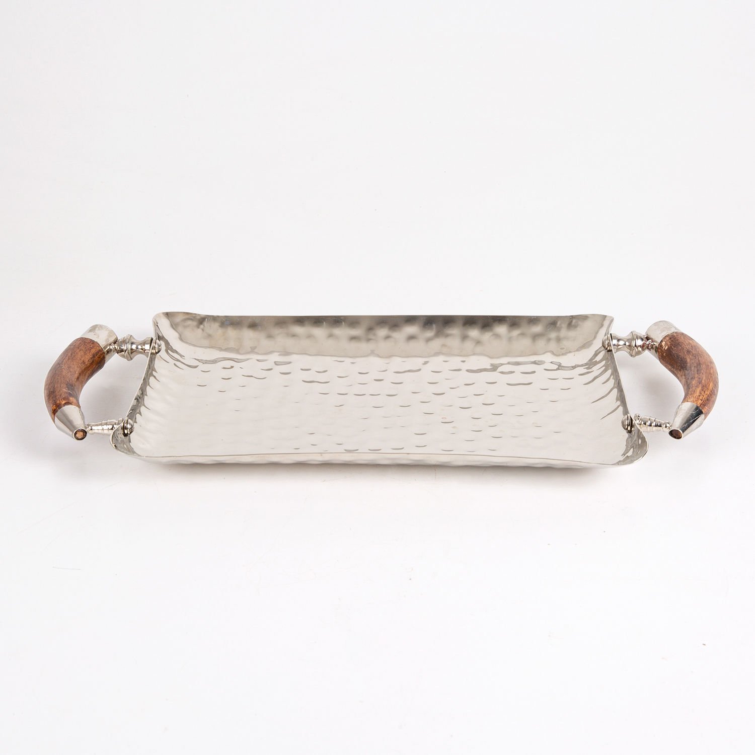 Metal Tepsi, Dikdörtgen, Boynuz Saplı, Gümüş Renk - 44x2x21 cm