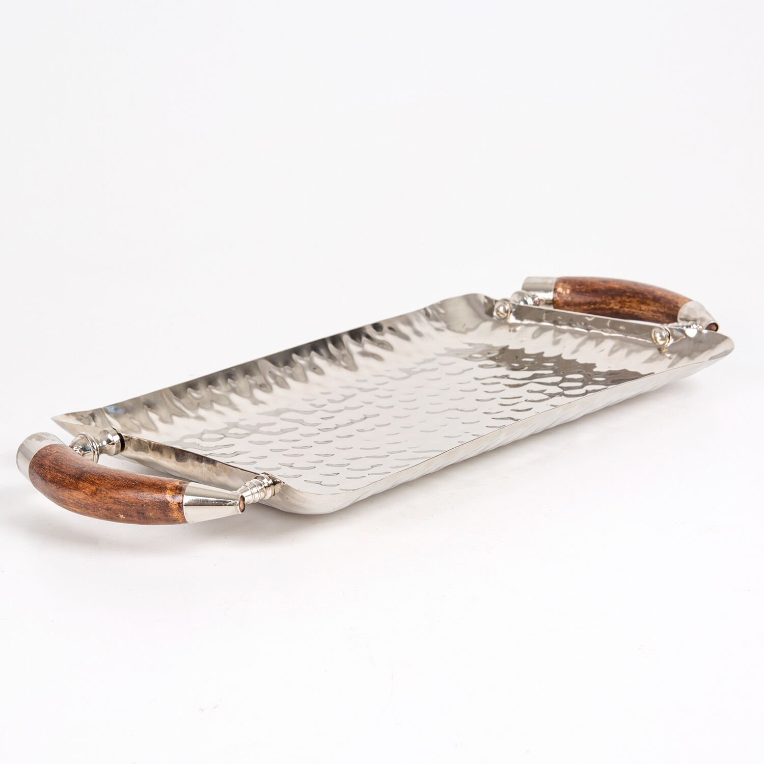 Metal Tepsi, Dikdörtgen, Boynuz Saplı, Gümüş Renk - 44x2x21 cm