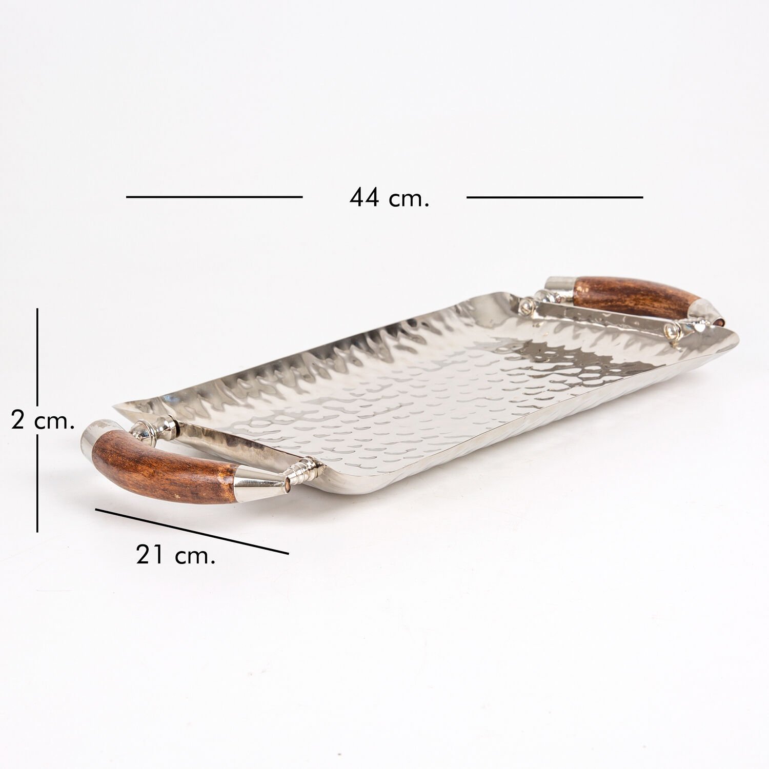 Metal Tepsi, Dikdörtgen, Boynuz Saplı, Gümüş Renk - 44x2x21 cm