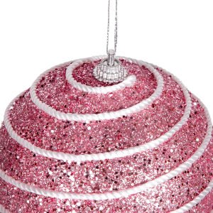 Yılbaşı Topu Pullu Beyaz Şerit İp Desenli 2'li Paket Pembe 9 Cm.