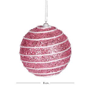 Yılbaşı Topu Pullu Beyaz Şerit İp Desenli 2'li Paket Pembe 9 Cm.