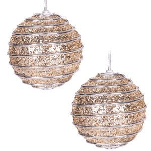 Yılbaşı Topu, Pullu, Gümüş Şerit İp Desenli, Şampanya - 2'li Paket, 9 cm