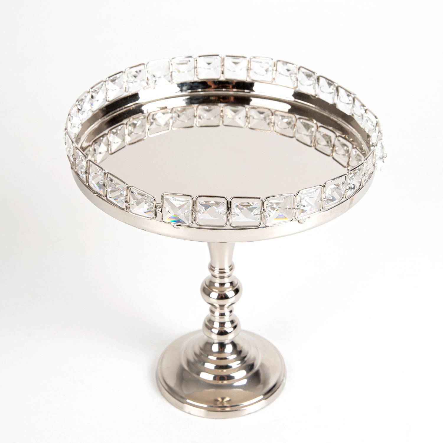 Servis Tabağı, Ayaklı, Kristal Taşlı, Gümüş Renk - 20,5x23,5 cm