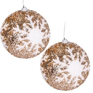 Yılbaşı Topu, Pullu, Beyaz Kar Tanesi Şekilli, Şampanya - 2'li Paket, 9 cm