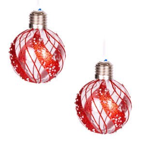 Yılbaşı Topu Ampul Led Işıklı Simli Boncuk Desenli 2'li Paket Kırmızı 7 Cm.