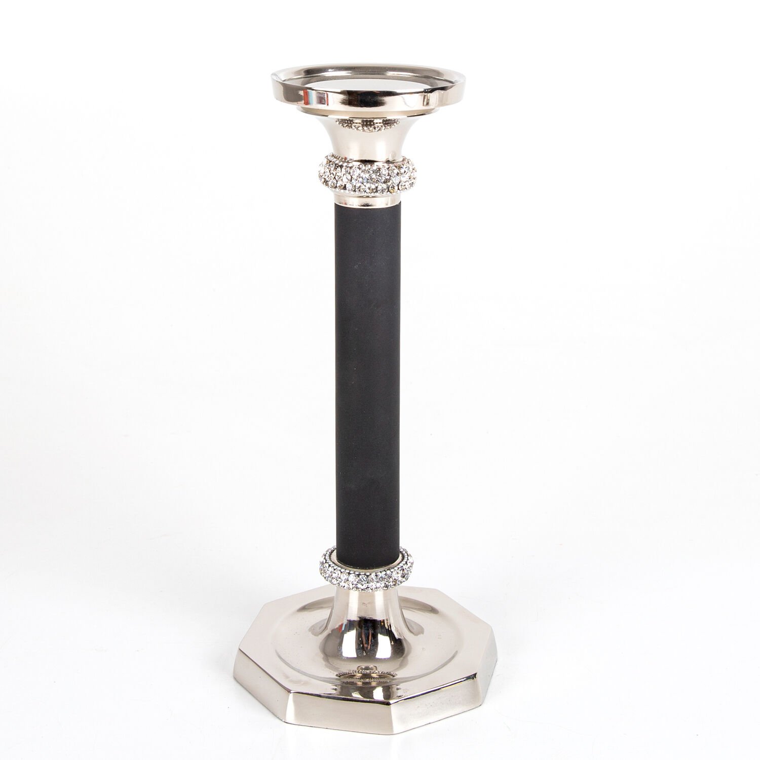 Metal Şamdan, Swarovski Taşlı, Gövdesi Siyah, Büyük, Gümüş Renk - 13x30,5 cm