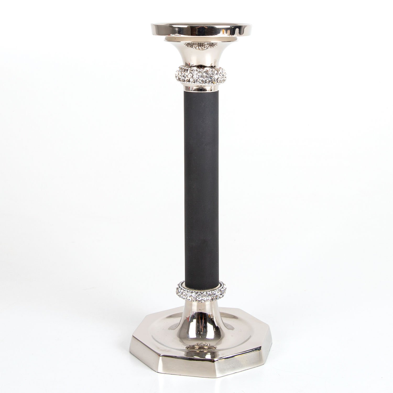 Metal Şamdan, Swarovski Taşlı, Gövdesi Siyah, Büyük, Gümüş Renk - 13x30,5 cm