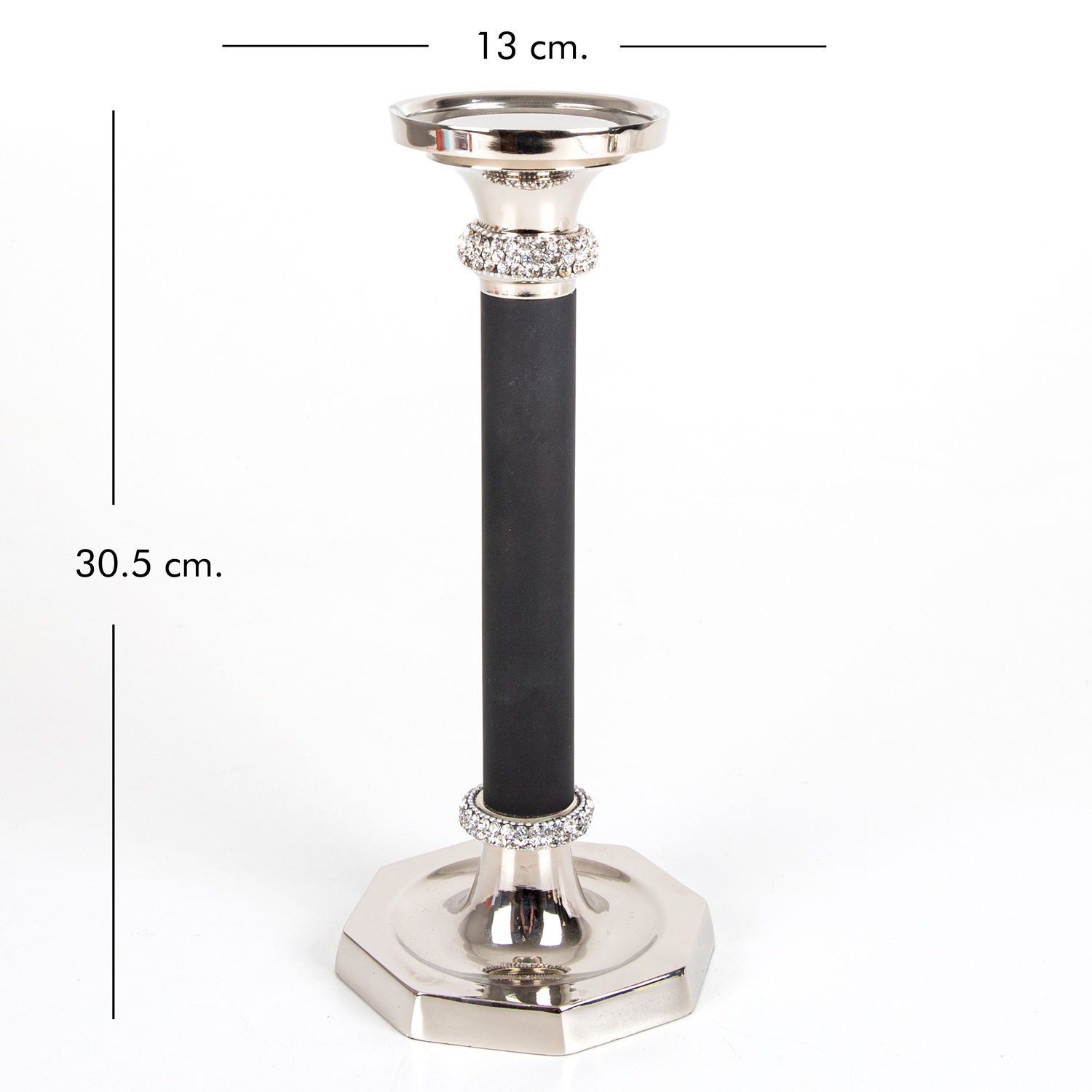 Metal Şamdan, Swarovski Taşlı, Gövdesi Siyah, Büyük, Gümüş Renk - 13x30,5 cm