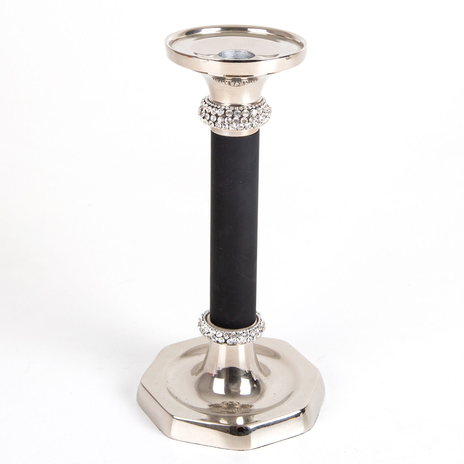 Metal Şamdan, Swarovski Taşlı, Gövdesi Siyah, Küçük, Gümüş Renk - 13x25,5 cm