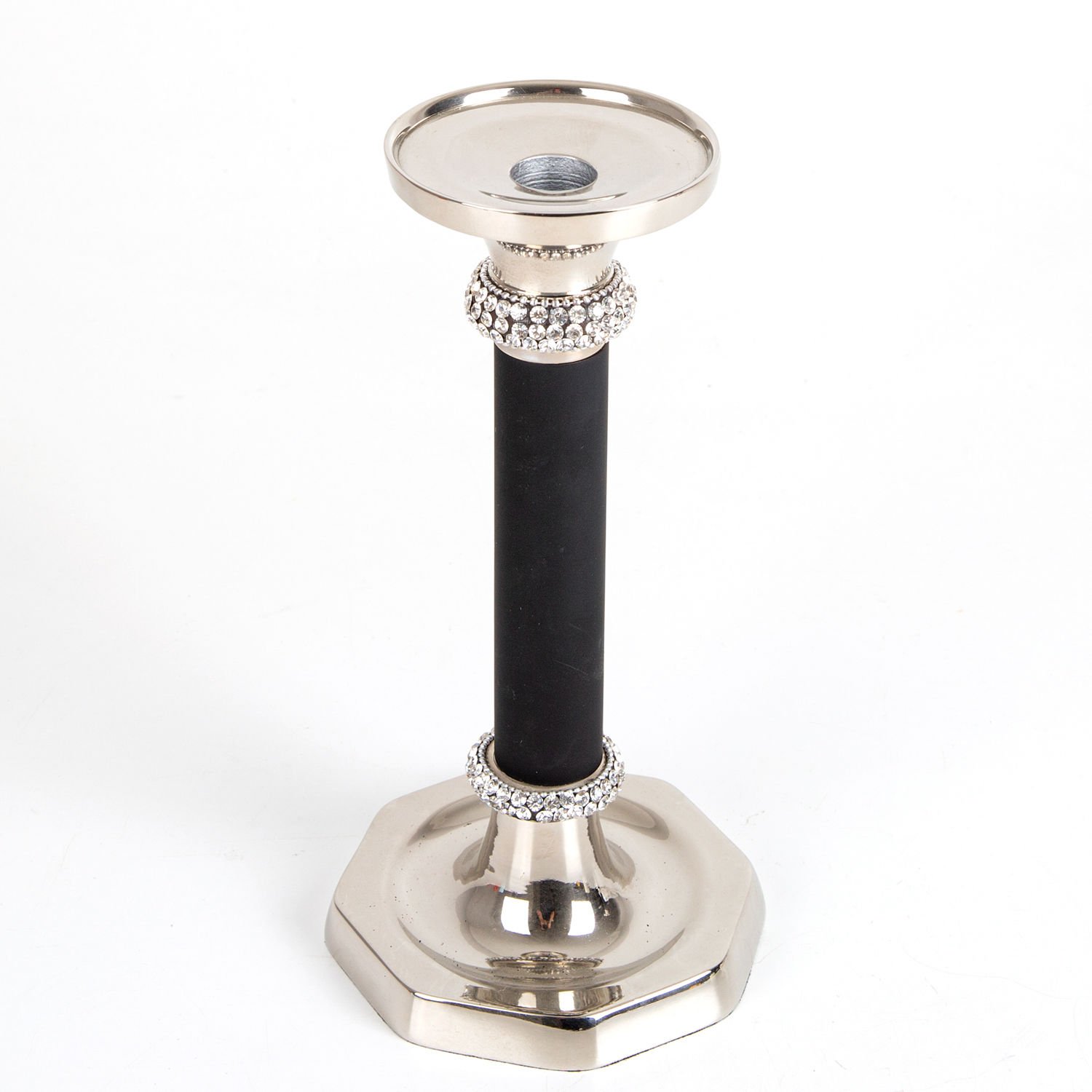 Metal Şamdan, Swarovski Taşlı, Gövdesi Siyah, Küçük, Gümüş Renk - 13x25,5 cm