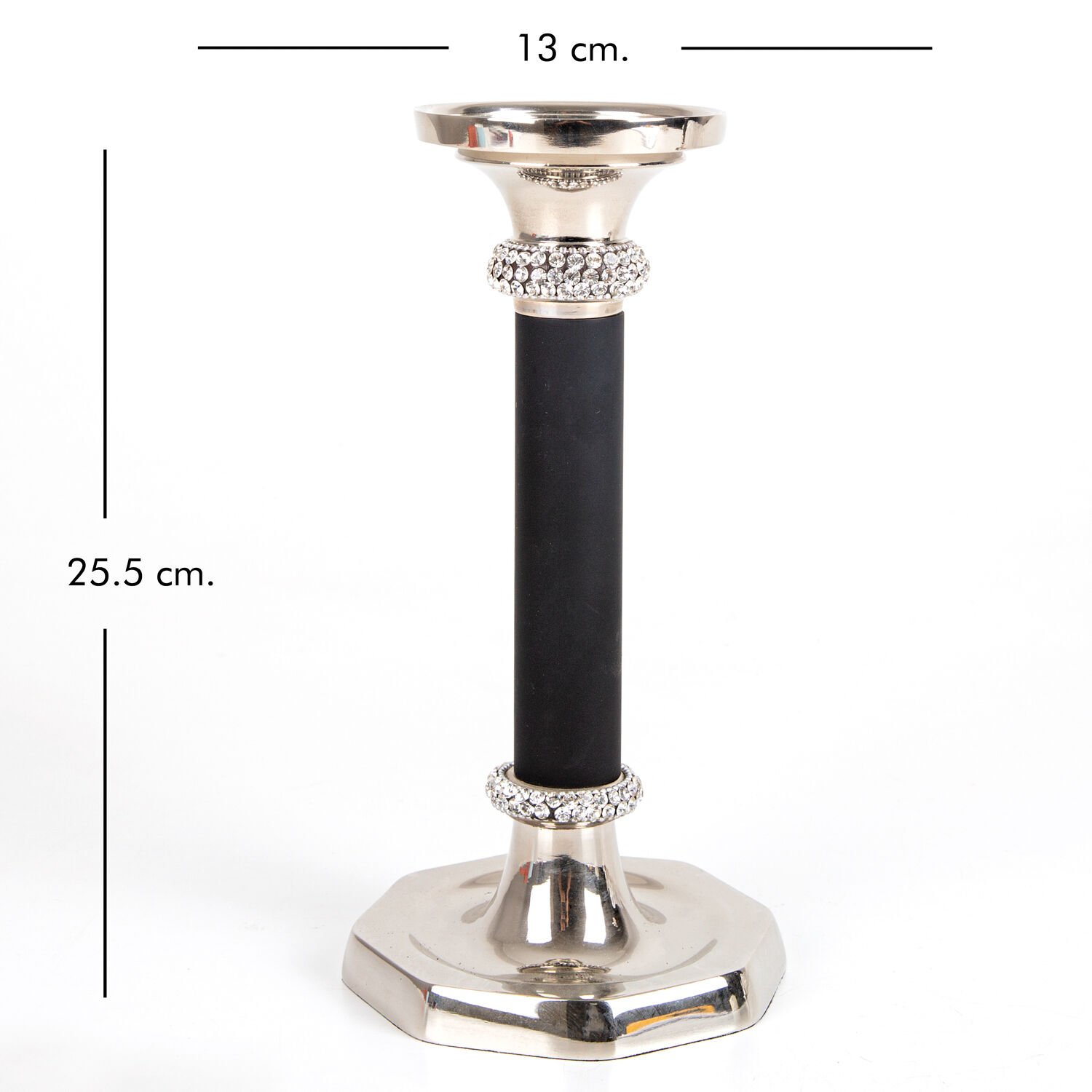Metal Şamdan, Swarovski Taşlı, Gövdesi Siyah, Küçük, Gümüş Renk - 13x25,5 cm