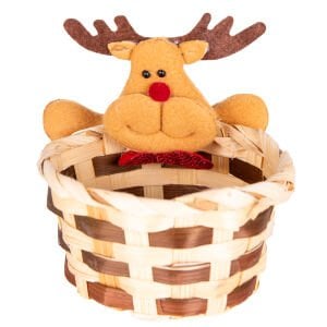 Yılbaşı Süsü, Sepet, Geyik Figürlü, Kahverengi-Kırmızı - 13x14 cm