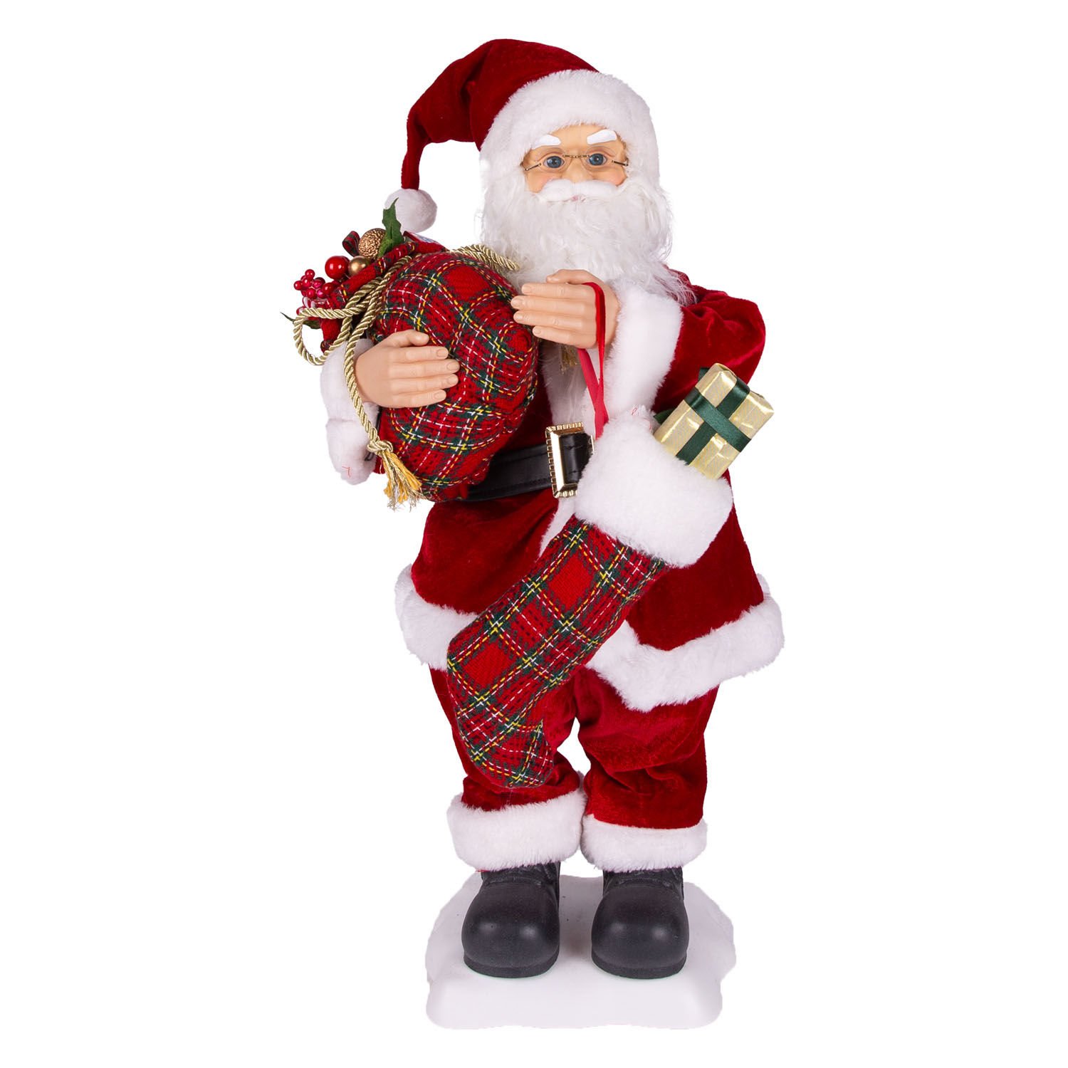 Yılbaşı Noel Baba Hediye Torbalı Ekose Çoraplı Müzikli Hareketli Led Işıklı Kırmızı  60 Cm.