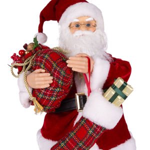Yılbaşı Noel Baba Hediye Torbalı Ekose Çoraplı Müzikli Hareketli Led Işıklı Kırmızı  60 Cm.