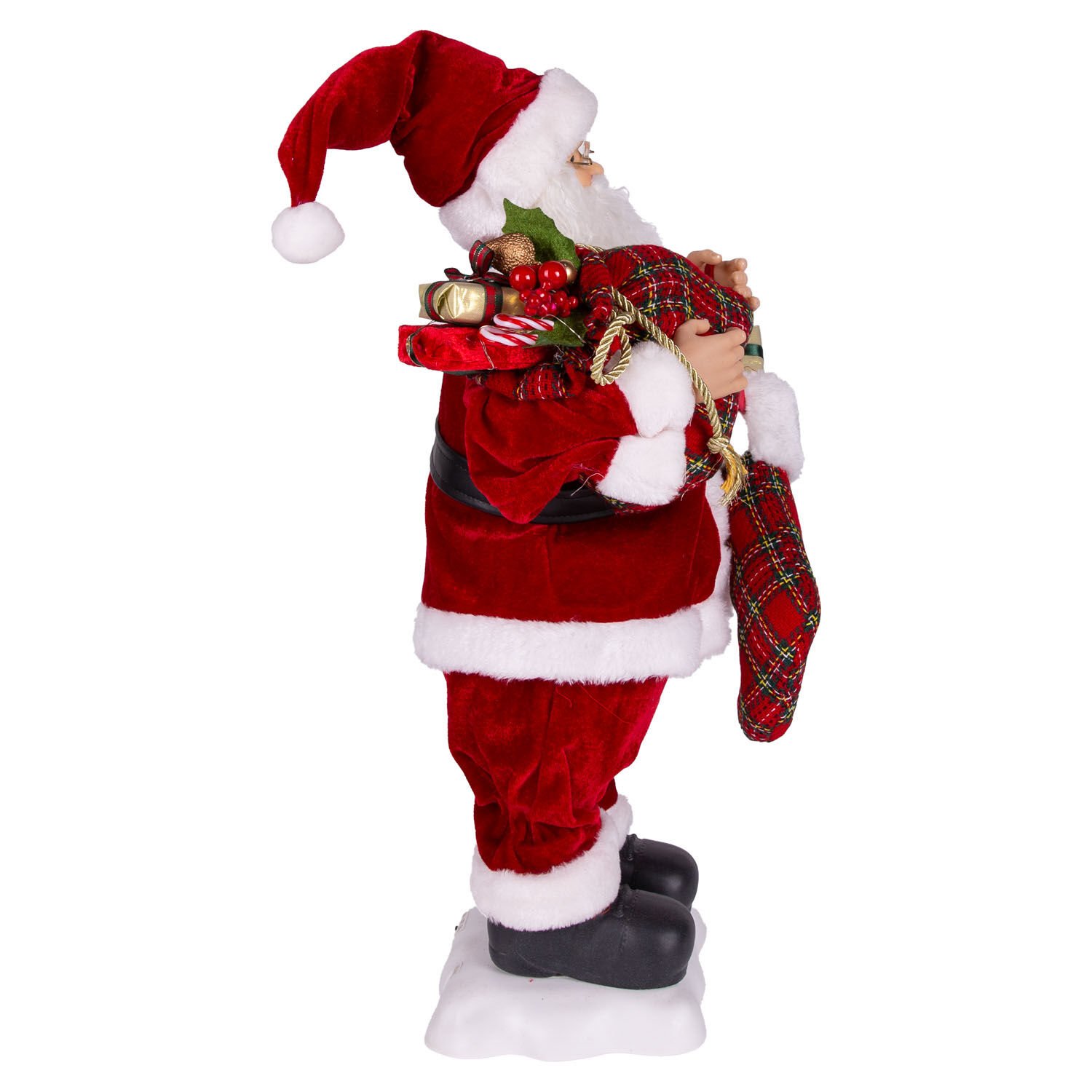 Yılbaşı Noel Baba, Hediye Torbalı, Ekose Çoraplı, Kırmızı - Müzikli, Hareketli, Led Işıklı, 60 cm