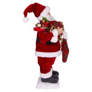 Yılbaşı Noel Baba Hediye Torbalı Ekose Çoraplı Müzikli Hareketli Led Işıklı Kırmızı  60 Cm.