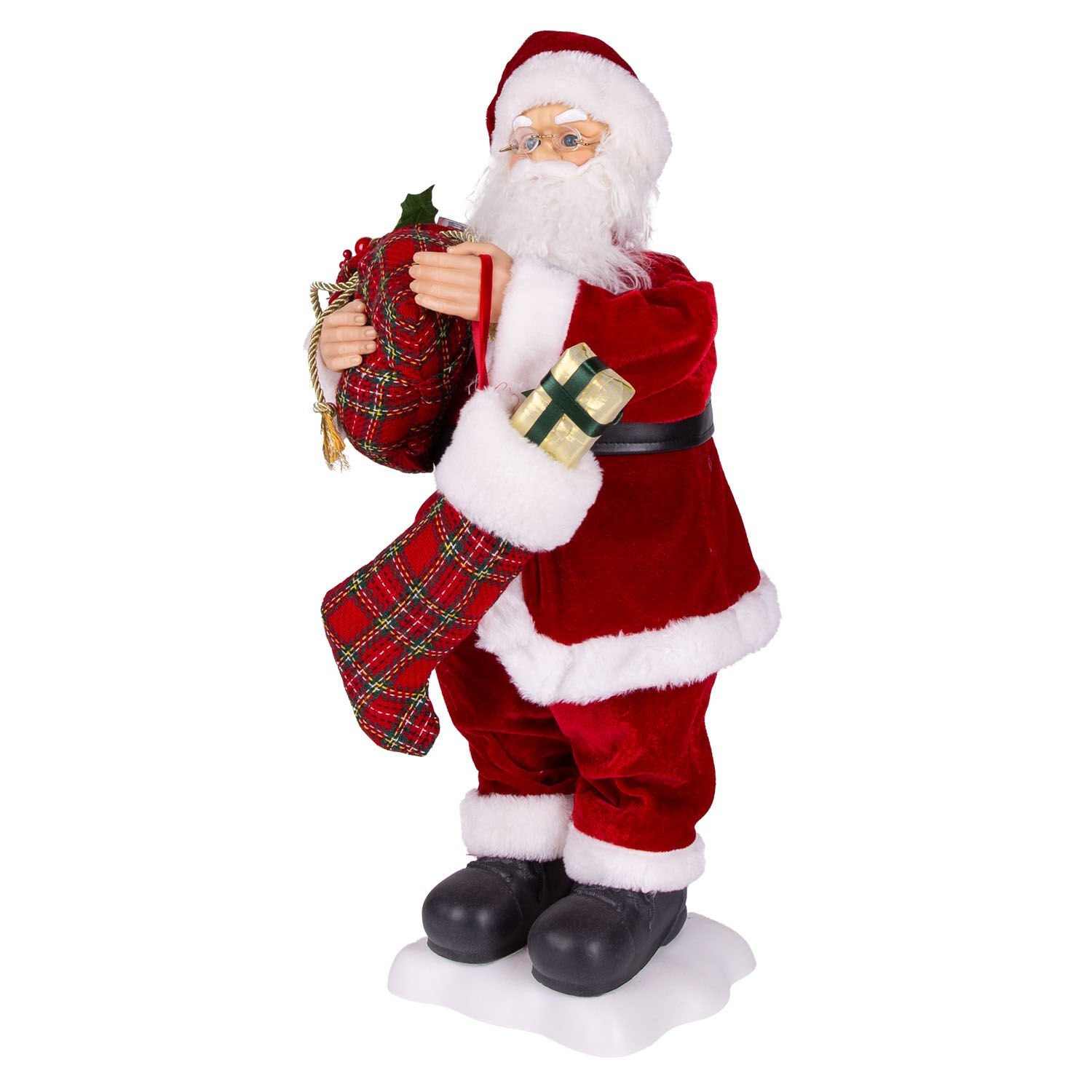 Yılbaşı Noel Baba, Hediye Torbalı, Ekose Çoraplı, Kırmızı - Müzikli, Hareketli, Led Işıklı, 60 cm