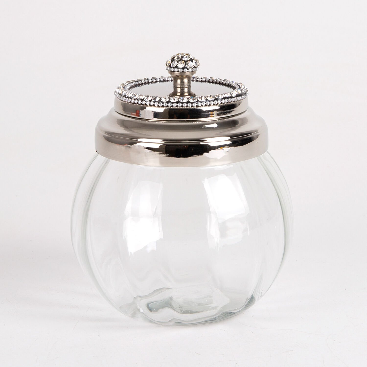Cam Kavanoz, Kapaklı, Nikel Kaplama, Taşlı, Gümüş Renk - 13x15 cm