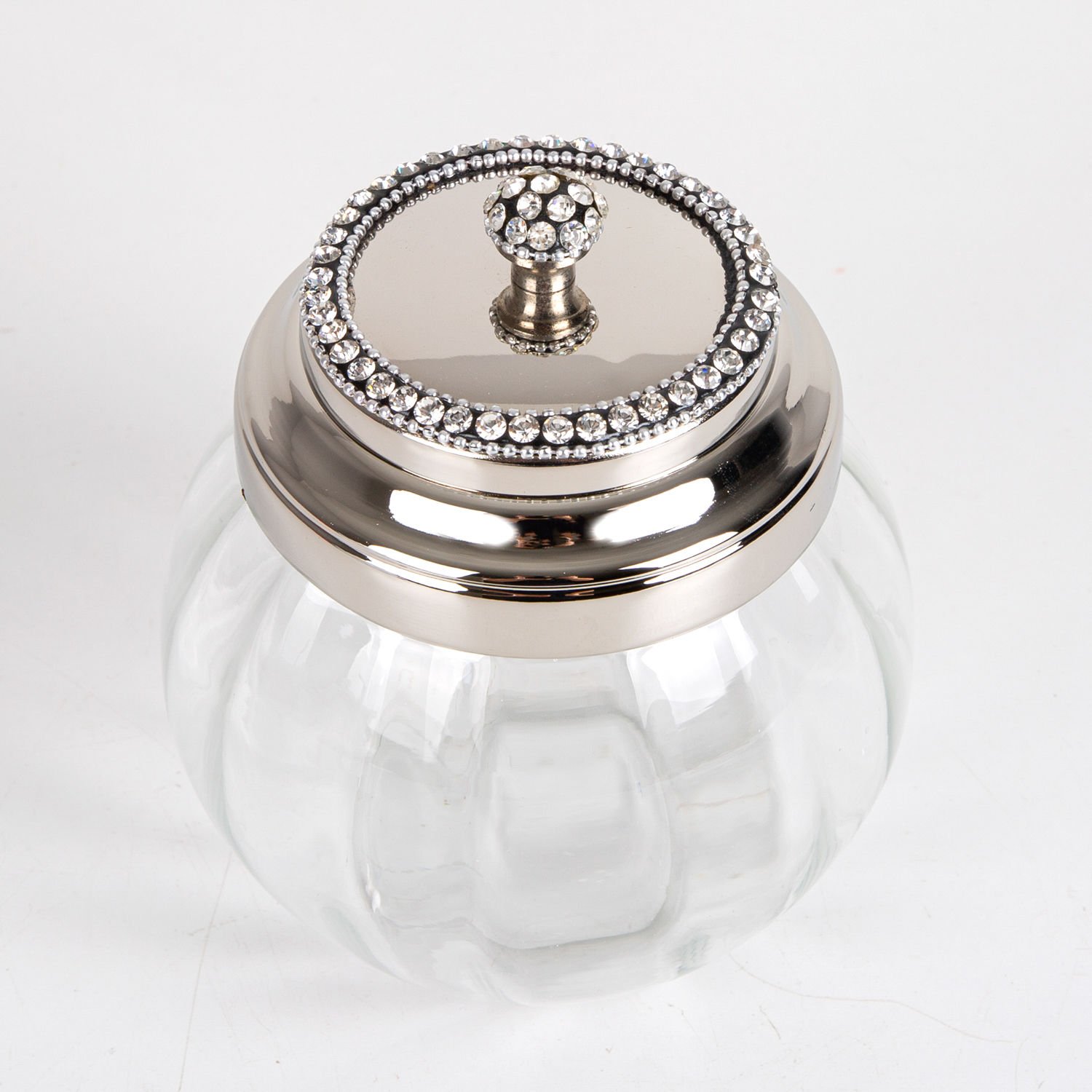 Cam Kavanoz, Kapaklı, Nikel Kaplama, Taşlı, Gümüş Renk - 13x15 cm