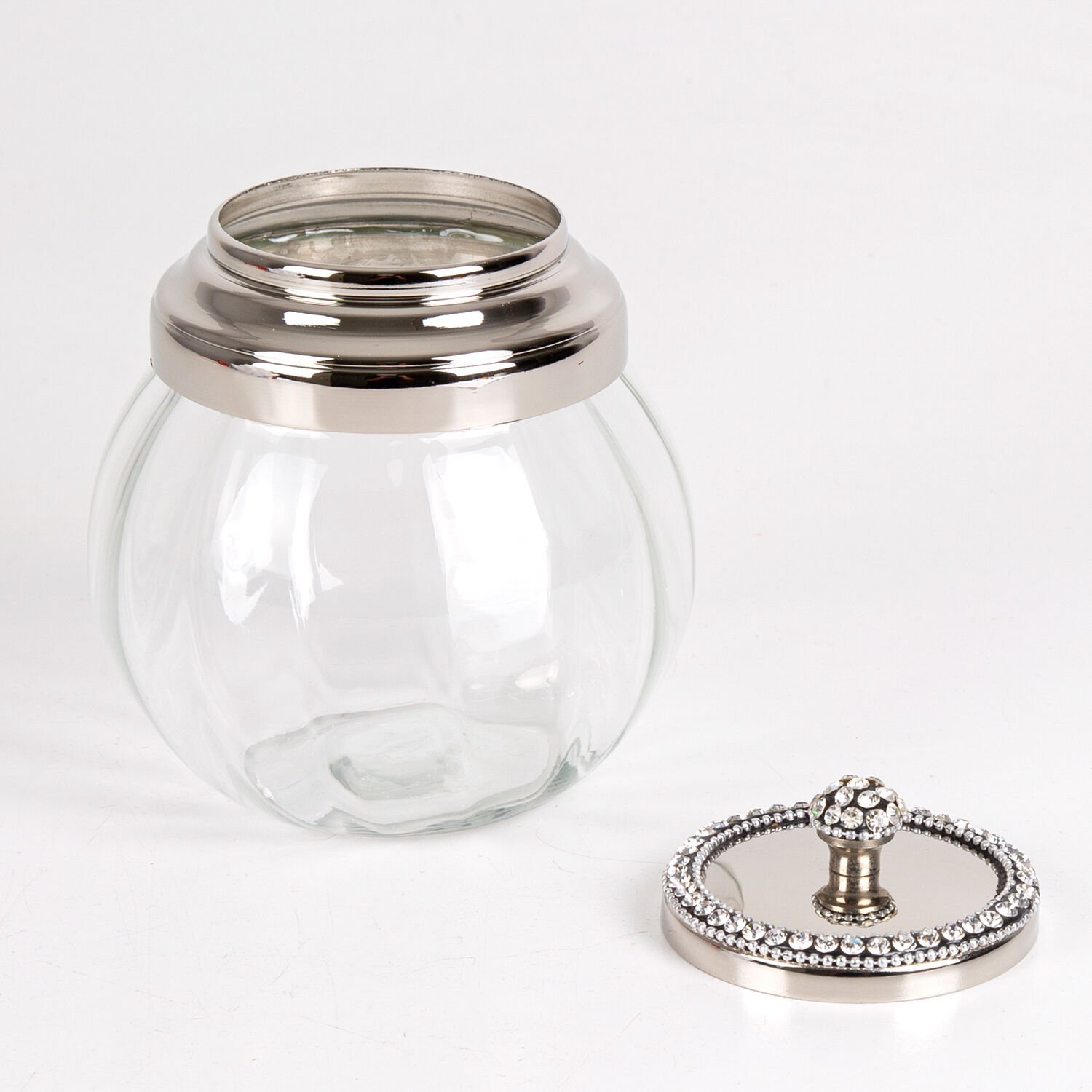 Cam Kavanoz, Kapaklı, Nikel Kaplama, Taşlı, Gümüş Renk - 13x15 cm
